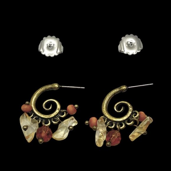 Lia Sophia Earrings Mantra Spiral Hoops Dangle Bead Antiqued Gold Tone Retired - Picture 2 of 7